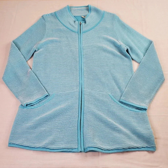 Soft Surroundings Corcovado Zip Sweater Womens Medium Blue White Ribbed Long - Picture 1 of 16